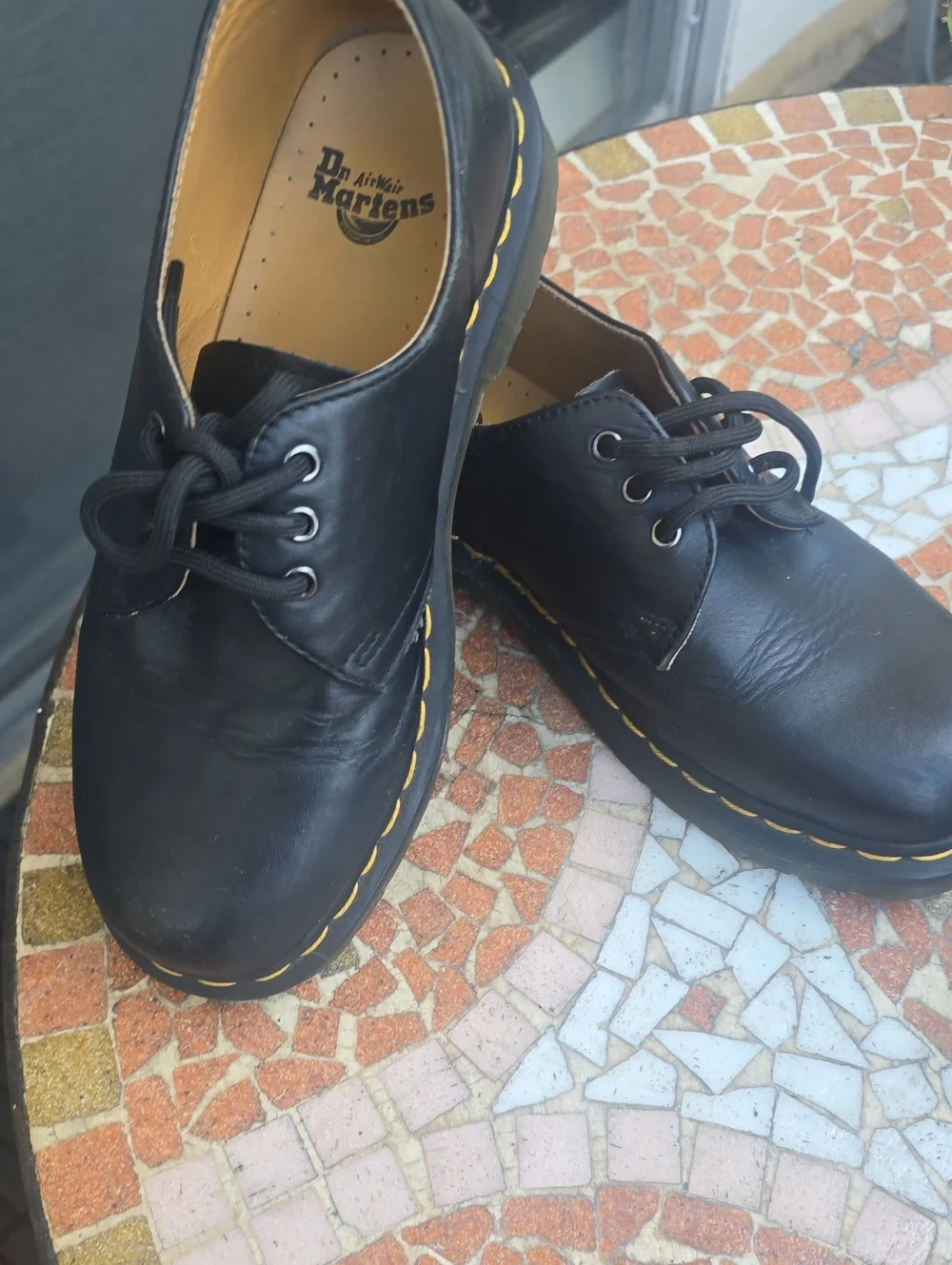Dr. Martens Black Leather 3-Eye Derby with Yellow Welt Stitch